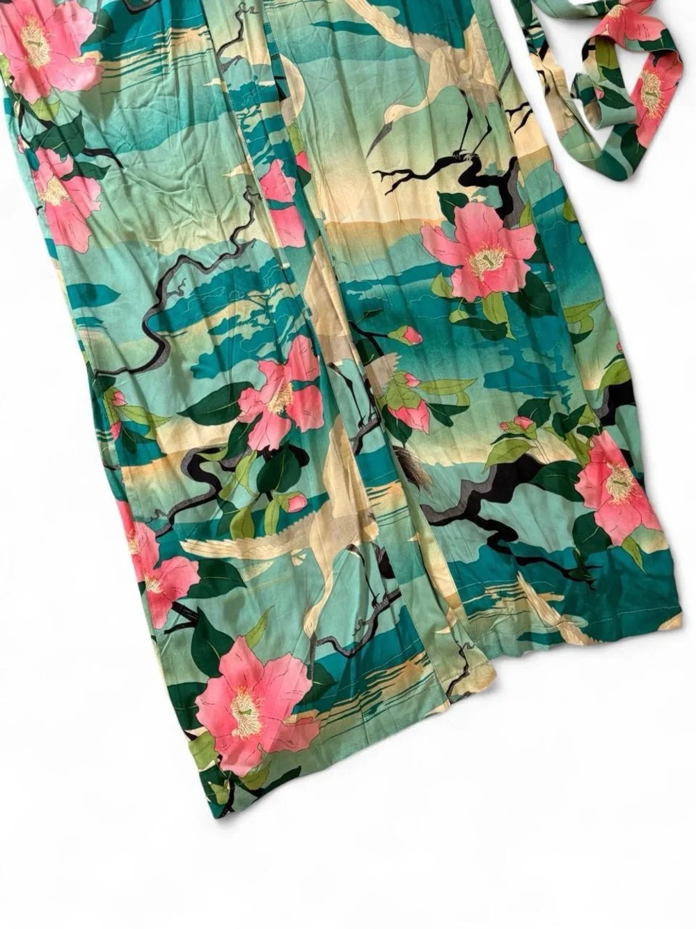 Kimono Style Floral Crane Robe Ocean Print Japanese Inspired Cover Up S/M - Picture 6 of 8